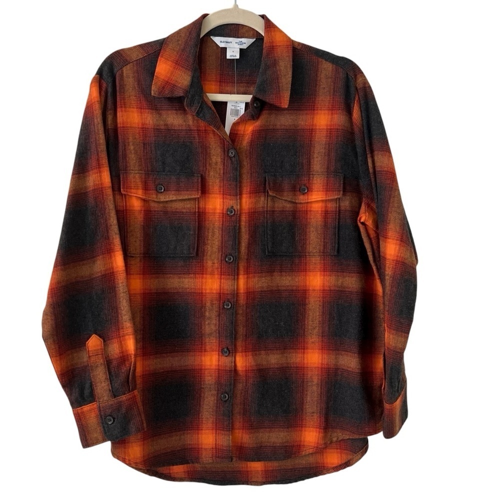 Old Navy Taylor Swift Evermore Flannel Plaid Boyfriend Shirt Orange Gray S NWT